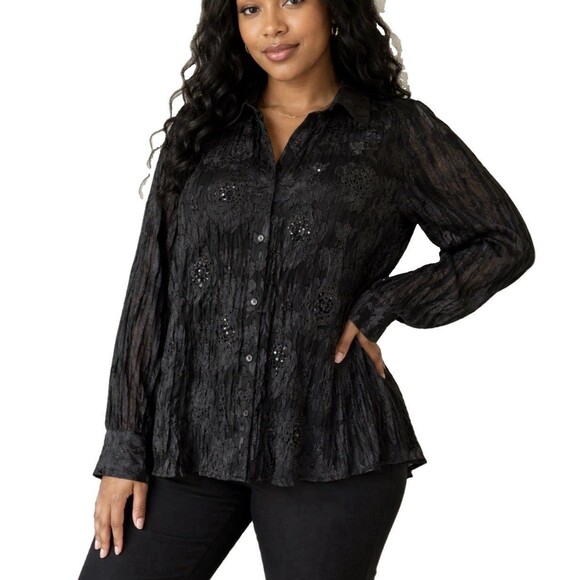 Apostrophe Tops - Apostrophe VTG Womens Plus Size crinkle blouse bell sleeve-lace whimsy Top 2XL
